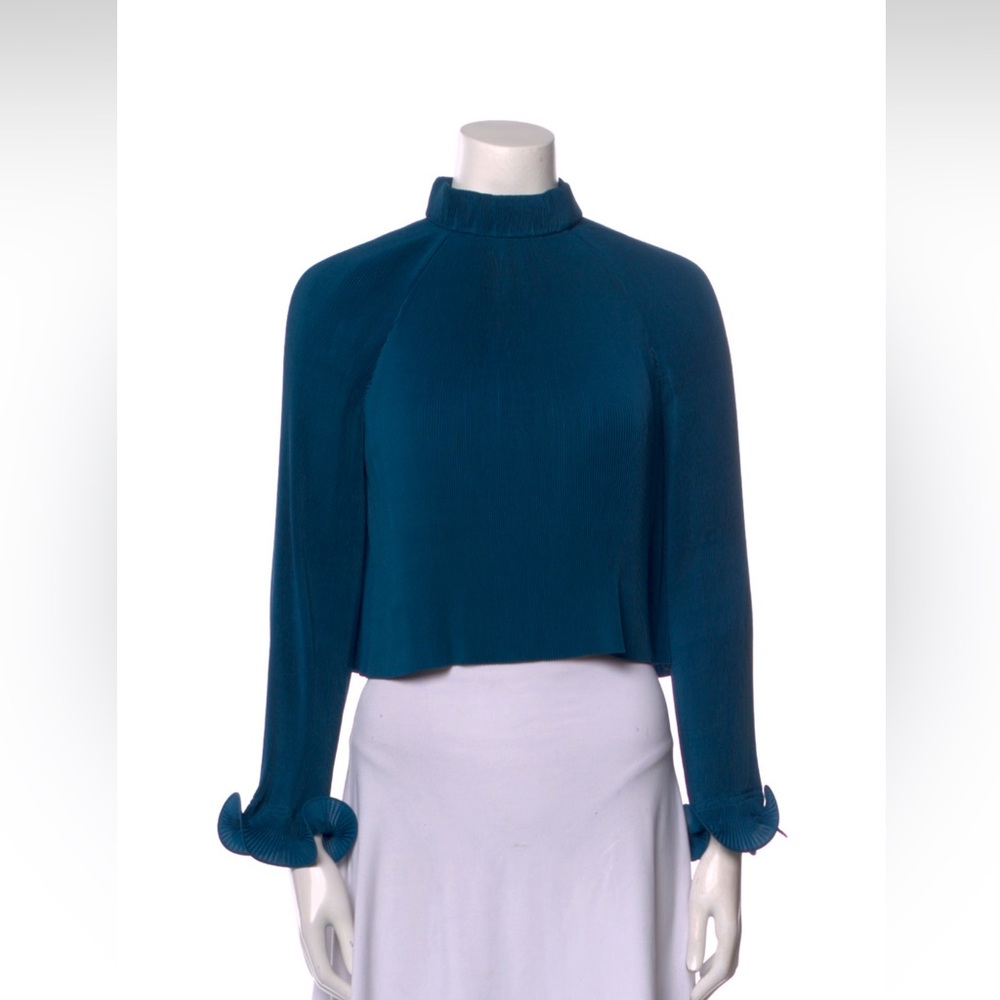 Tibi Teal Cropped Mock Neck Pleated Top